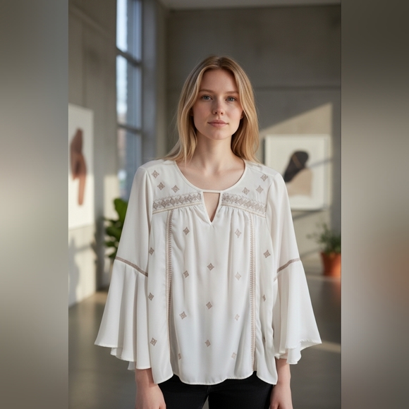 Vintage America Blues Tops - Vintage America Blues Embroidered Boho Peasant Top Bell Sleeves Size Sm Cream...